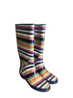COACH PAMMIE ICONIC RARE STRIPE MULTI COLORED LOGO RAIN BOOTS US Size 8